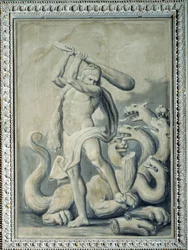 Hercules cuts off the seven heads of the Hydra