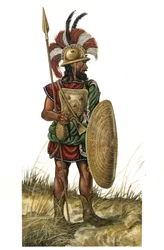 Ancient Rome: representation of a warrior weapon, helmet, shield, spear (monarchical period of the 8th century BC)