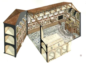 Baroque art: reconstruction of the architectural structure of the Synagogue of Casale Monferrato near Alexandria, Italy.