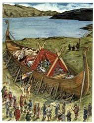 Viking funeral ceremony: deceased placed in a boat with sacrificed animals and funeral objects, awaiting incineration. 10th century.