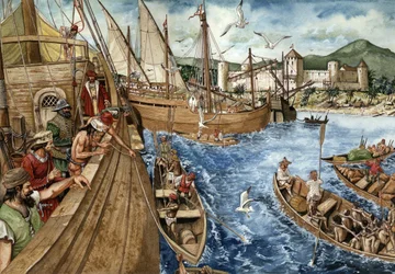 Colonization of the Gold Coast (Ghana) in Africa: Portuguese expedition on 21/01/1482, building the fort of Sao Jorge de Mina (Elmina) for gold and slave trade. Portuguese caravels along the African coasts.