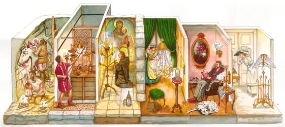 Daily life: evolution of lighting inside houses, on the left prehistoric people in caves, lighting with fire, then an ancient house, a monk praying in the Middle Ages with a candle, a servant lighting a ceiling chandelier in the 19th century, then a co