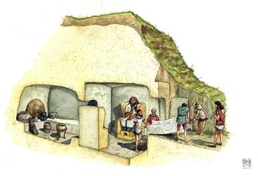 Etruscan civilization: reconstruction and section of the Tomb of the Statues, necropolis of Ceri, 7th century BC, Italy. Illustration by Giorgio Albertini.