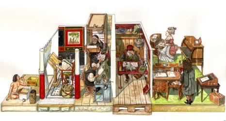 Evolution of the art of writing, offices and writings: from left to right, a scribe in ancient Egypt, antiquity then the medieval scriptorium, an explorer navigator working in his office, an office in the style of Louis XIV (17th century)