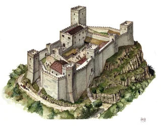 Medieval architecture: reconstruction of Canossa Castle in the 11th century, refuge of Countess Matilda of Tuscany and Pope Gregory VII. Italy. Illustration by Giorgio Albertini.