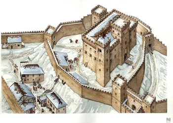 Medieval architecture: reconstruction of the castle of Udine, 14th century, Italy. Illustration by Giorgio Albertini.