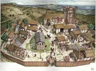 Middle Ages: aerial view of an Italian village in the 10th century.