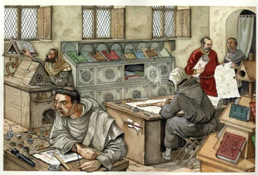 Middle Ages: Monks Copying Manuscripts in a Scriptorium, 13th Century. Illustration by Giorgio Albertini