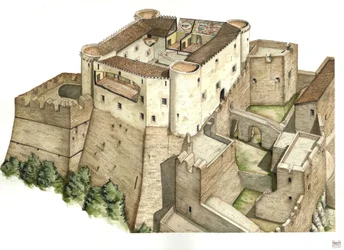 Middle Ages: Reconstruction of the Castle Santa Severina, Built in the 11th Century, Calabria, Italy, Illustration by Giorgio Albertini