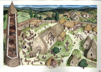 Middle Ages: reconstruction of the old monastery of Glendalough, founded by Saint Kevin, 9th century Ireland. Illustration by Giorgio Albertini.