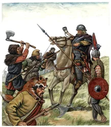 Middle Ages: scene of the Battle of Roncesvaux (Spanish Basque Country), a Frankish rider from Charlemagne