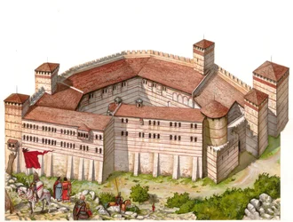 Middle Ages: view of the monastery of Tarnowo in the 14th century in Serbia (present-day Kosovo).