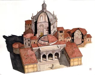 Paleochristian Art: Overview and Sections of the Basilica of San Lorenzo, Founded at the End of the 4th Century, Milan, Italy, Illustration by Giorgio Albertini