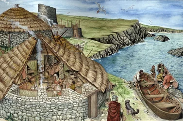 Prehistory: Reconstruction of Daily Life in the Iron Age, Family in a Broch, Fortified Dwelling in Scotland, Women Cooking, Men Leaving by Boat for Hunting and Fishing, Illustration by Giorgio Albertini
