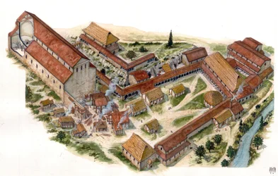Preroman art: aerial view of the Benedictine monastery of Saint Vincent of Volturne, founded in the 8th century, Castel San Vincenzo, Italy. Illustration by Giorgio Albertini.