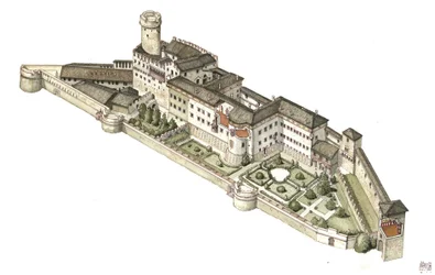 Reconstruction of the Castle of Buonconsiglio, Former Residence of the Prince-Bishops of Trento. Illustration by Giorgio Albertini