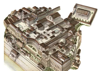 Roman antiquity: reconstruction of Mount Palatine in the 4th century, with palaces built by emperors Augustus, Nero, and Septimius Severus. Rome, Italy.