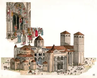 Romanesque art: overview of the Cathedral of Santiago de Compostela, built in the 11th and 12th centuries, Santiago de Compostela, Spain.