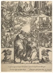 The Coronation of the Virgin, surrounded by nine vignettes with scenes from the life of, by 1575