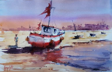 Beached Boat at Sunset