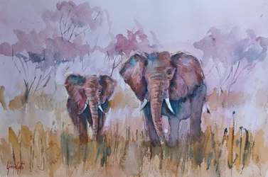 Elephants In Misty Savanna