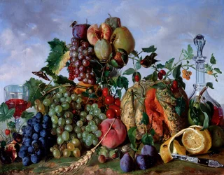 Still Life of August Fruits: Peaches, Melon, Grapes, Damascus Plums, Pears