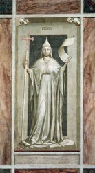 Faith, female figure holding the Cross and a scroll symbol of Revealed Truth, while destroying an idol and standing on symbols of the Kabbalah, cycle of frescoes The Vices and Virtues, after restoration, Scrovegni Chapel, Padua, Italy