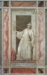 Faithlessness (also called Idolatry), male figure turning away from God and holding an idol that keeps him tied at the neck (detail)