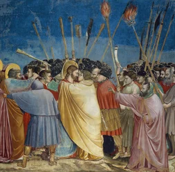 The Betrayal of Christ, detail of the kiss, c.1305