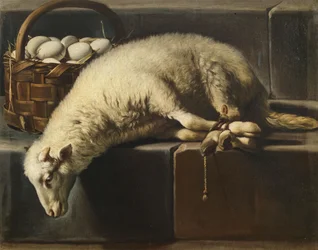 A ligated lamb besides a basket of eggs Allegory of Easter