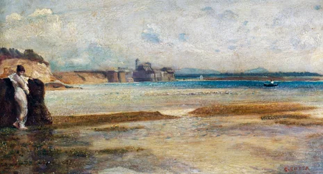 Setting of moon in Tyrrhenian Sea, painting by Nino Costa, Italy