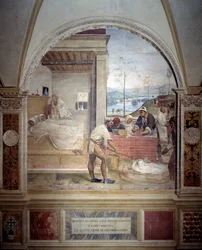 Benedict appears to two monks and presents them the project of a monastery (fresco)