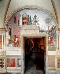 How Benedict turns into a snake of wine a servant hid to him (detail) (fresco)