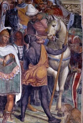 How Benedict meets the two young Romans Maurus and Placidus. Detail of the escort of young men - fresco in the cloister by Antonio Bazzi, called Il Sodoma (1477-1549), recounting the life of Saint Benedict