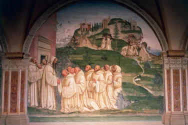 Saint Benedict Beseeched by Monks, Producing Water from Top of Mountain, Scene from Stories of Saint Benedict of Monte Oliveto Maggiore