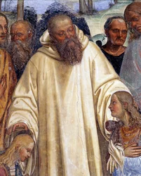 Saint Benedict receives two young Romans, Maurus and Placidus. Detail of a cloister fresco by Antonio Bazzi, called Il Sodoma (1477-1549), recounting the life of Saint Benedict of Nursia (480-567)