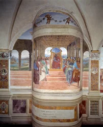 St Benedict leaves the school of Rome, fresco of the cloister by Antonio Bazzi recounting the life of Saint Benedict of Nursie, 1503-1508, Abbey of Monte Oliveto Maggiore