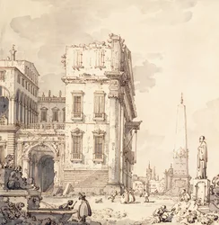 A capriccio of a Venetian Palace Overlooking a Piazza with an Obelisk