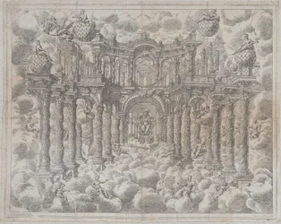 Plate 2 [Counterproof]: Stage Set with Allegorical Figures Seated Among the Clouds
