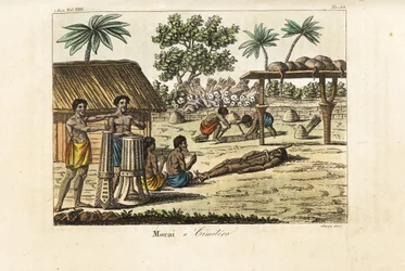 Human sacrifice in a sacred marae or cemetery, Tahiti