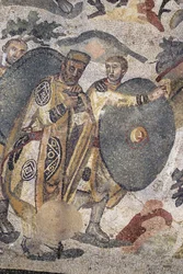 Roman art: (detail) The great hunting party. A lord during the hunt. 315-350 AD. Piazza Armerina, Villa Romana del Casale. Sicily, Italy.