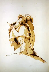 A Standing Man Seen from Behind, Holding a Baton and Reaching for a Sack