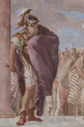 Small Building: view of the first room and its frescoes representing episodes from the Iliad: "Athena prevents Achilles from drawing his sword against Agamemnon" (detail)
