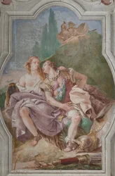 Palazzina (Small Building): view of the fourth room or of Torquato Tasso, with frescoes representing episodes of "Jerusalem Delivered": "Rinaldo and Armida in the enchanted garden, secretly observed by Ubaldo and Carlo"