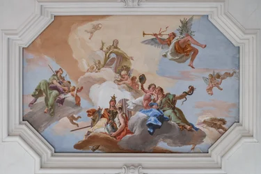 Triumph of Glory announced by Fame standing among the Cardinal Virtues