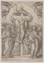 The Trinity, with the crucifixion at center and saints to both sides