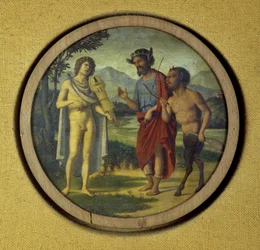 Keyboard instrument cover with illustration depicting Apollo and Marsyas