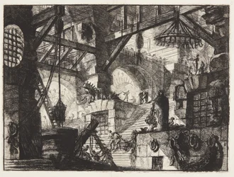 A Grilled and Rusticated Window Set in the Middle of a Flight of Stairs with Groups of Heavy Chains to the Right