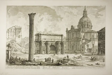 Arch of Septimius Severus through which passed the ancient Sacred Way, bringing victors to the Capitol, from Views of Rome