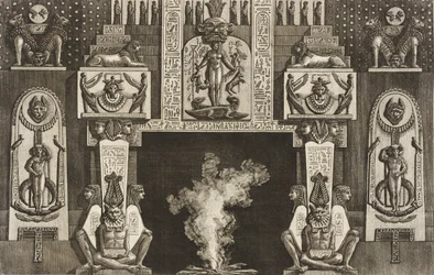 Chimneypiece in the Egyptian Style: Groups of Three Crouching Figures on Each Jamb